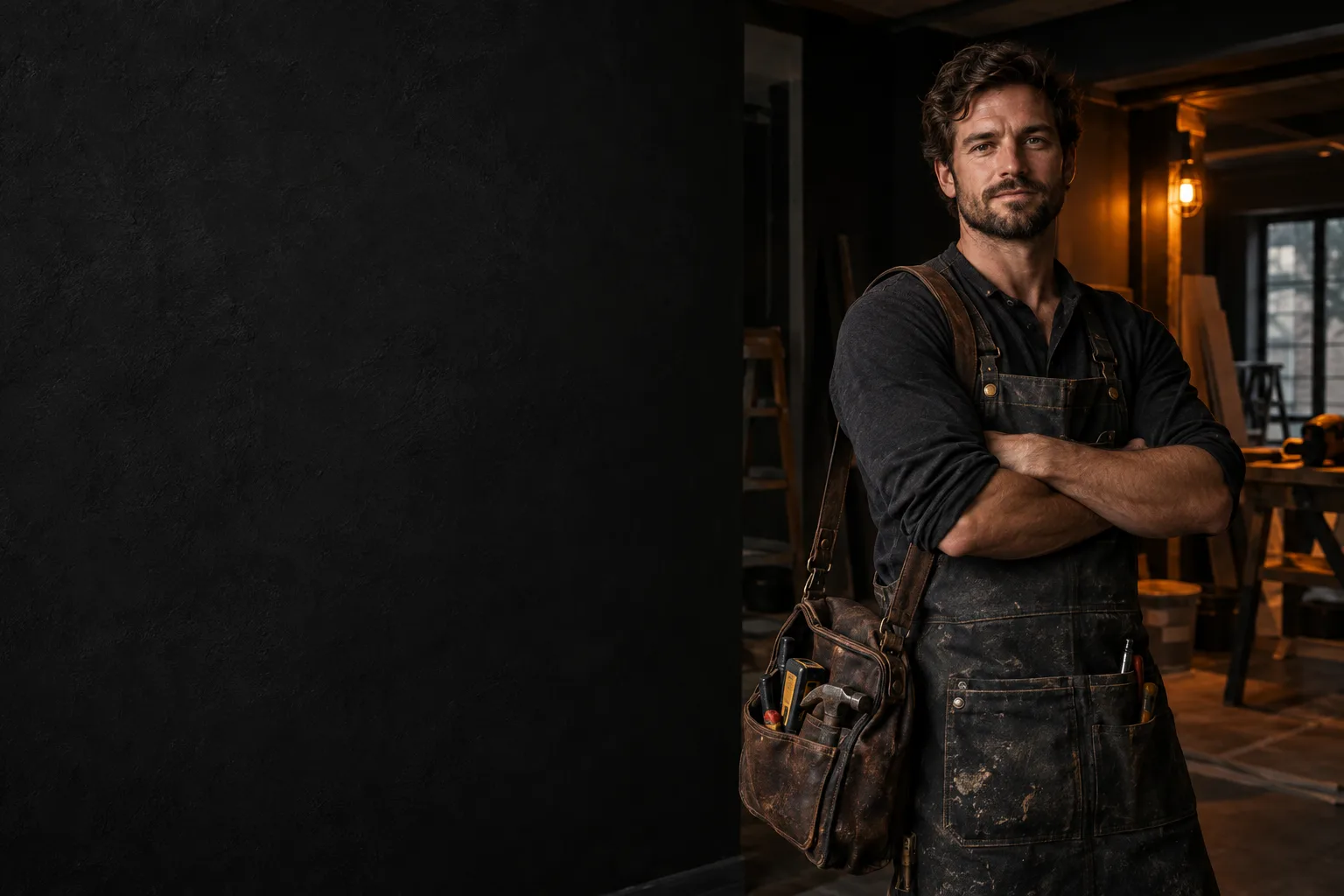 Handyman with tool bag standing in a home under renovation, lit by warm work light