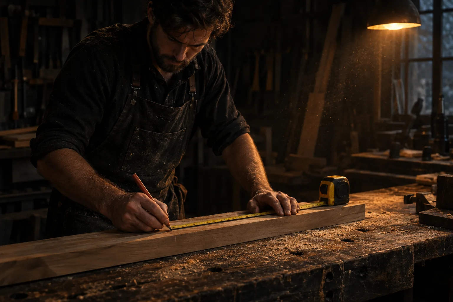 Carpenter marking a measurement line on a wood board