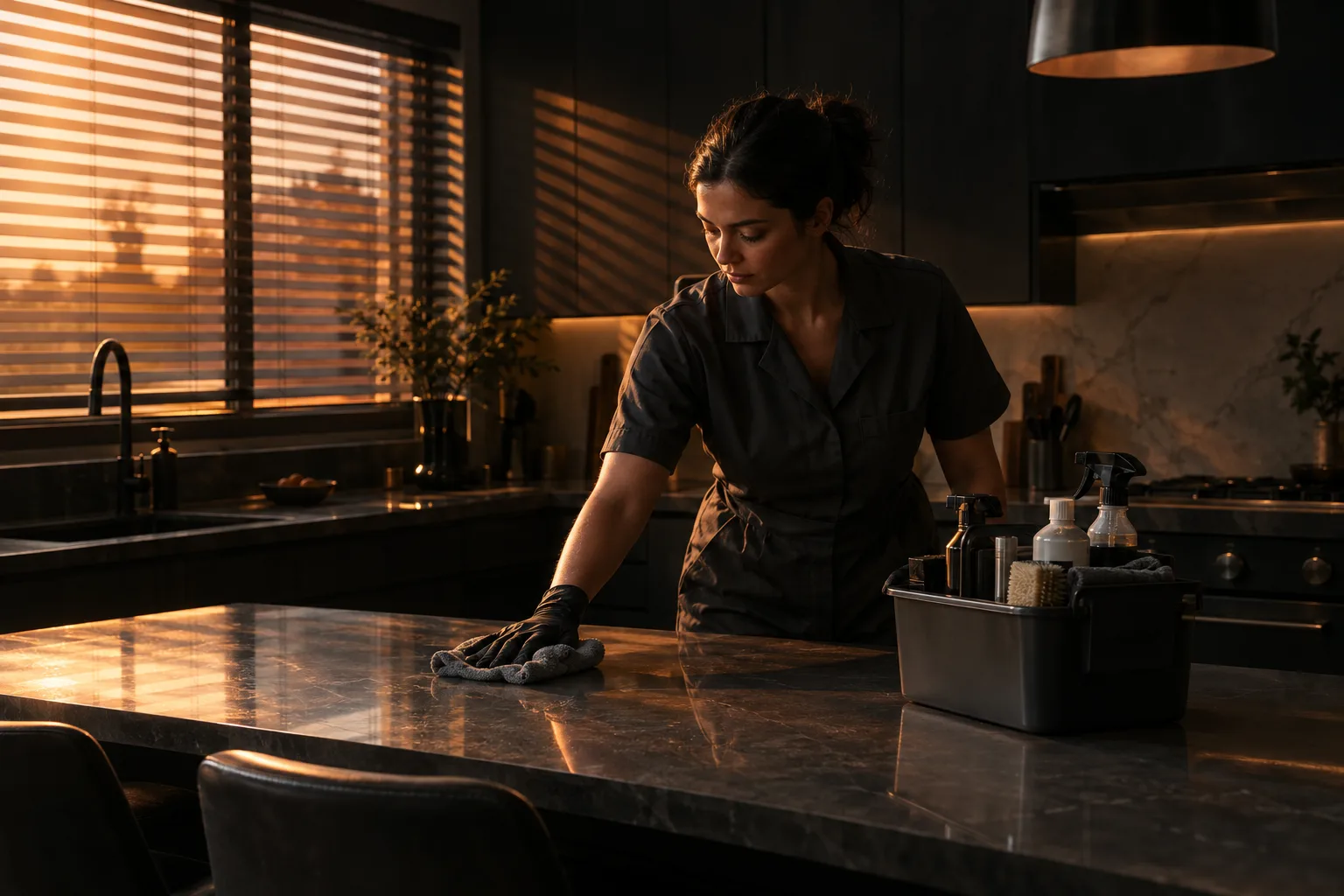 Professional cleaner wiping down a kitchen counter in warm light