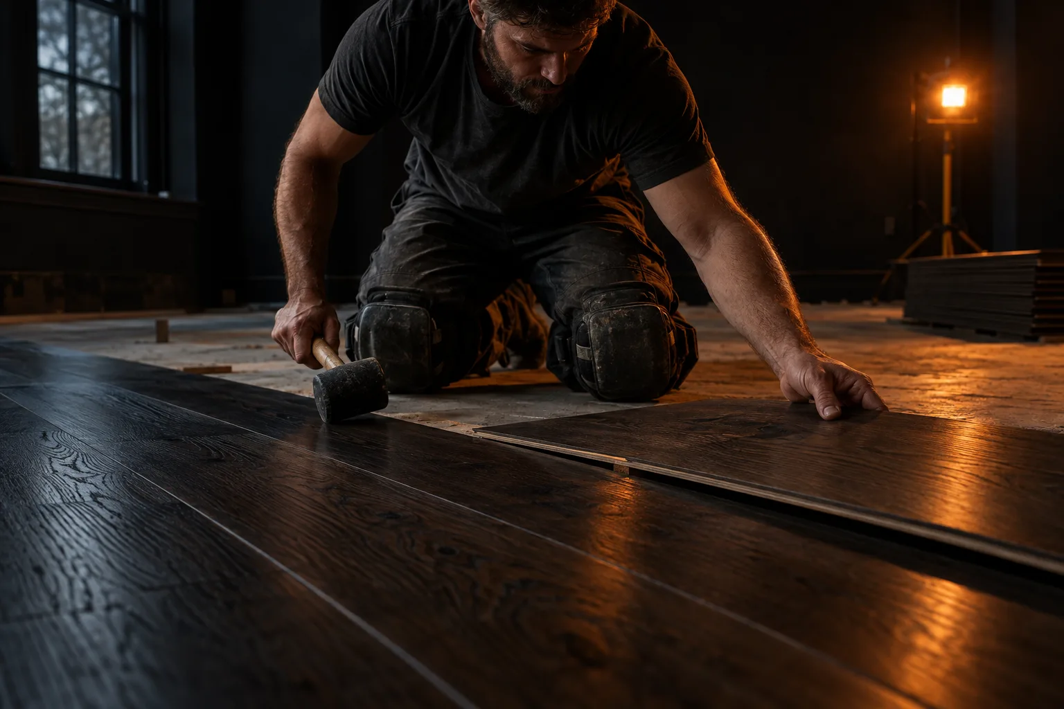 Flooring installer kneeling to place an oak hardwood plank
