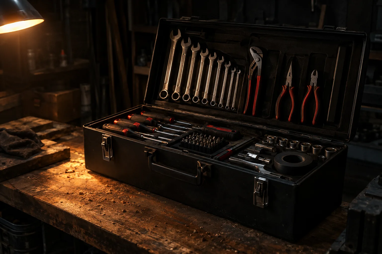 Open toolbox with wrenches and pliers on a workbench in warm workshop light