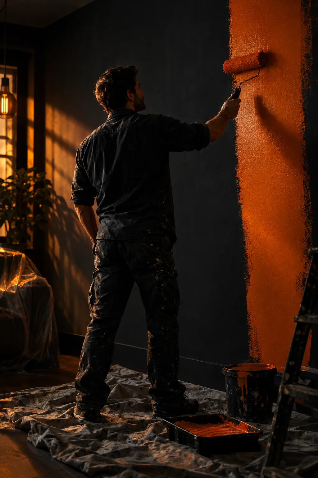 Painter rolling vivid orange paint onto a dark feature wall